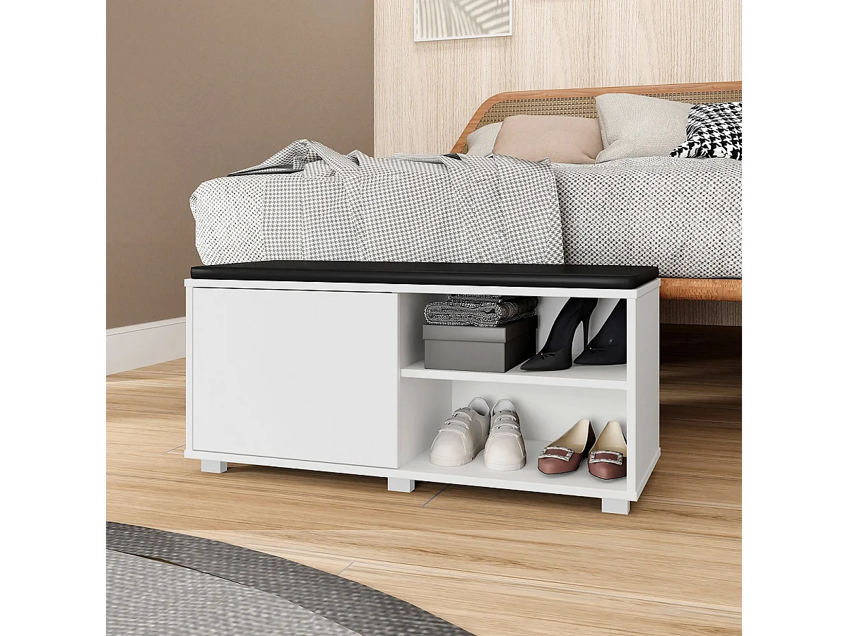 Etagère à chaussures, meuble à chaussures avec 1 porte coloris blanc - L. 90 x P. 35 x H. 43 cm