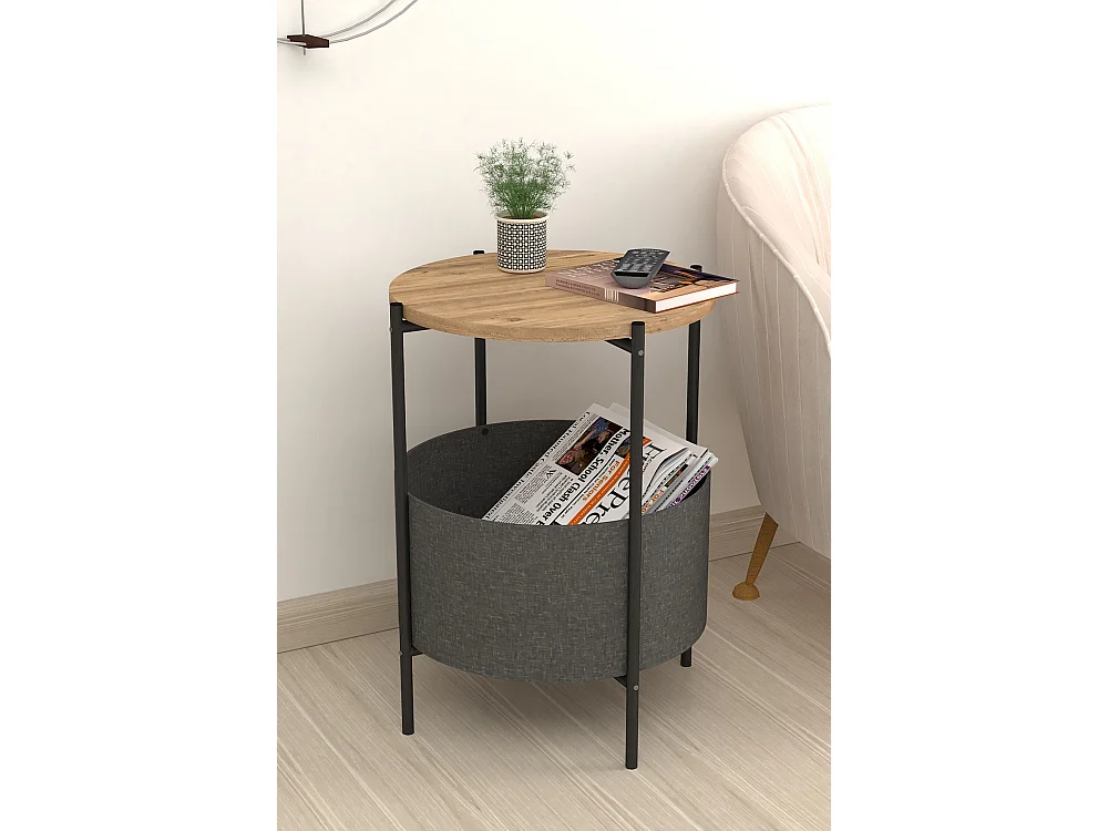 Table d'appoint en bois et métal ronde coloris chêne cambrian, noir - D. 43 x H. 60 cm