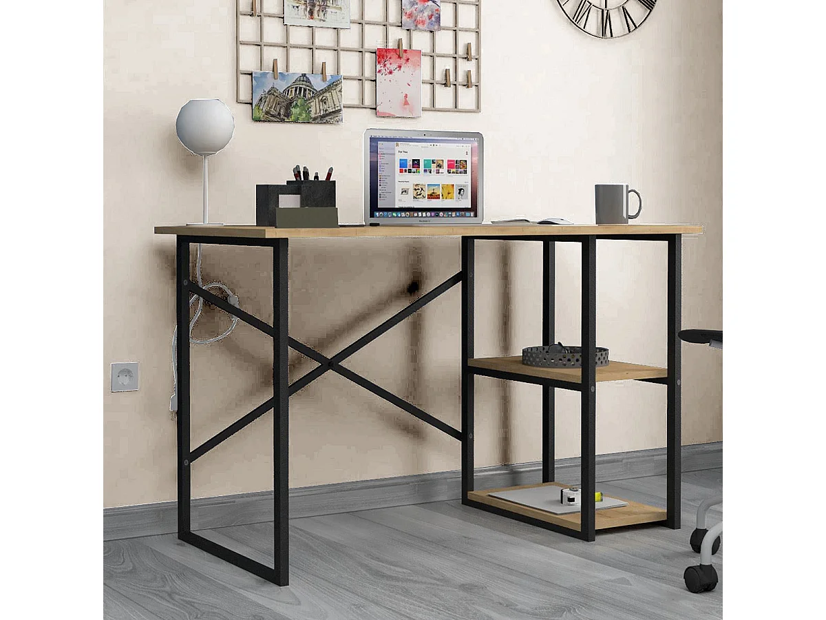 Table du bureau, meuble du bureau avec 2 étagères coloris chêne cambrian, noir