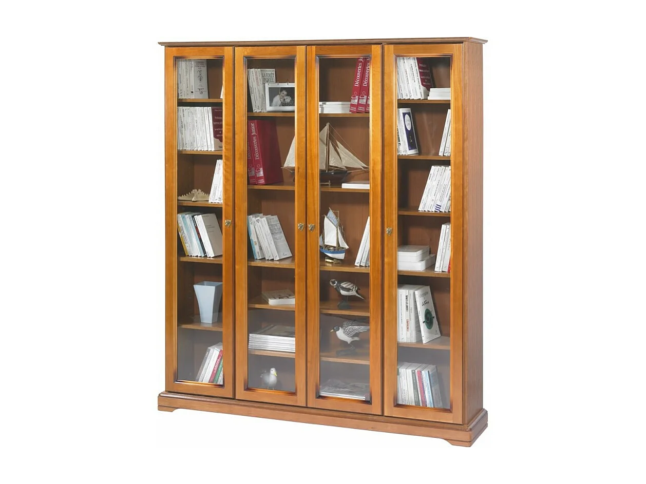 Bibliothèque 4 Portes Vitrées Merisier 18 Niches L 158.8 H 182.2 P 33 cm