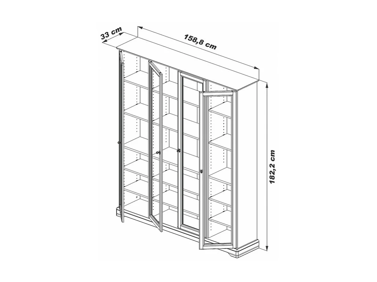 Bibliothèque 4 Portes Vitrées Merisier 18 Niches L 158.8 H 182.2 P 33 cm