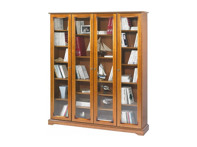 Bibliothèque 4 Portes Vitrées Merisier 18 Niches L 158.8 H 182.2 P 33 cm