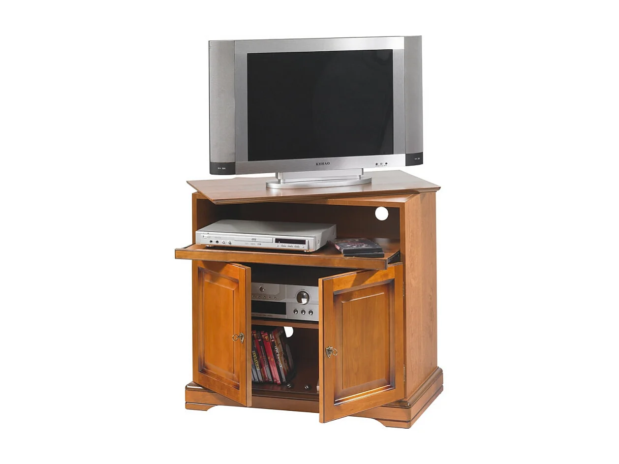 Meuble TV BAR 32 Pouces Merisier Plateau Pivotant 3 Niches L 82 H 77 P 46.5 cm