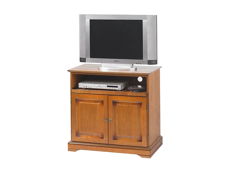 Meuble TV BAR 32 Pouces Merisier Plateau Pivotant 3 Niches L 82 H 77 P 46.5 cm