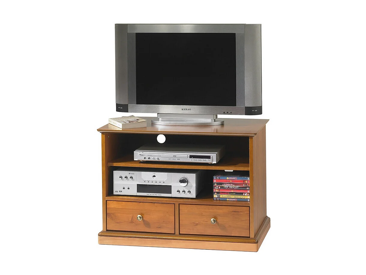 Meuble TV 32 Pouces Merisier 2 Tiroirs 2 Niches Roulettes L 82.4 H 58.7 P 46.5 cm