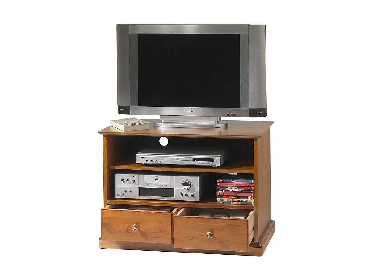 Meuble TV 32 Pouces Merisier 2 Tiroirs 2 Niches Roulettes L 82.4 H 58.7 P 46.5 cm