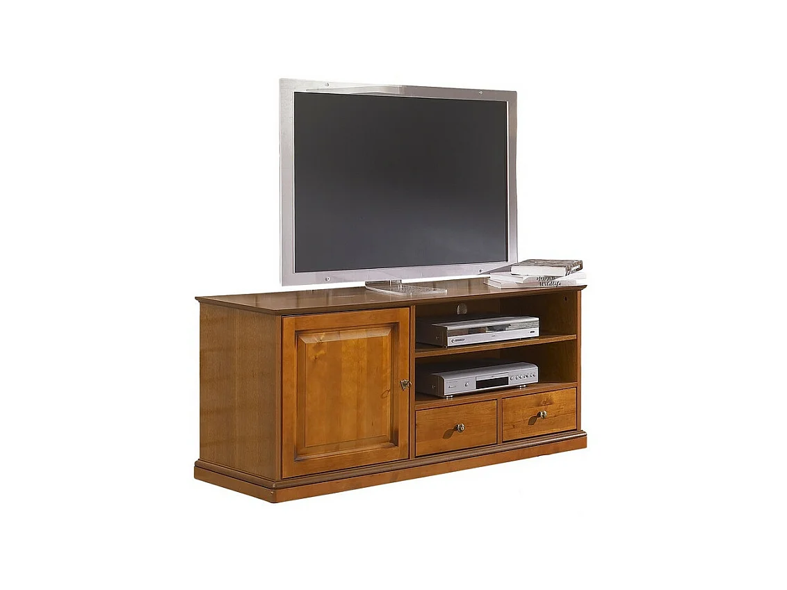 Meuble TV BAR Merisier 60 Pouces 4 Niches Roulettes L 134.9 H 58.7 P 46.5 cm