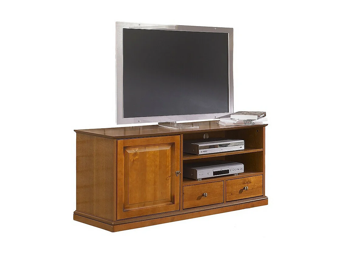 Meuble TV BAR Merisier 60 Pouces 4 Niches Roulettes L 134.9 H 58.7 P 46.5 cm