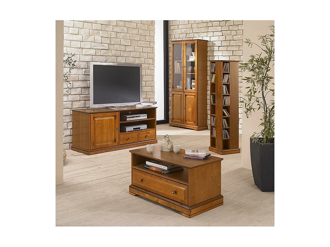 Meuble TV BAR Merisier 60 Pouces 4 Niches Roulettes L 134.9 H 58.7 P 46.5 cm