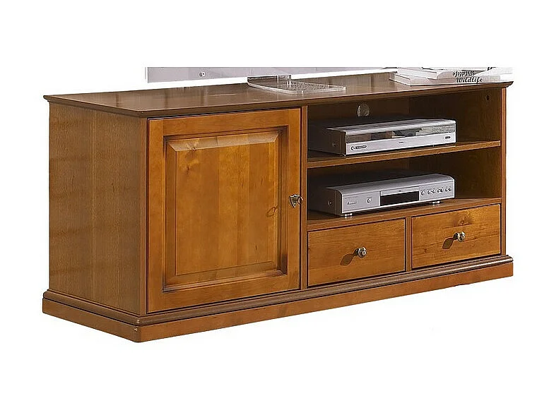 Meuble TV BAR Merisier 60 Pouces 4 Niches Roulettes L 134.9 H 58.7 P 46.5 cm