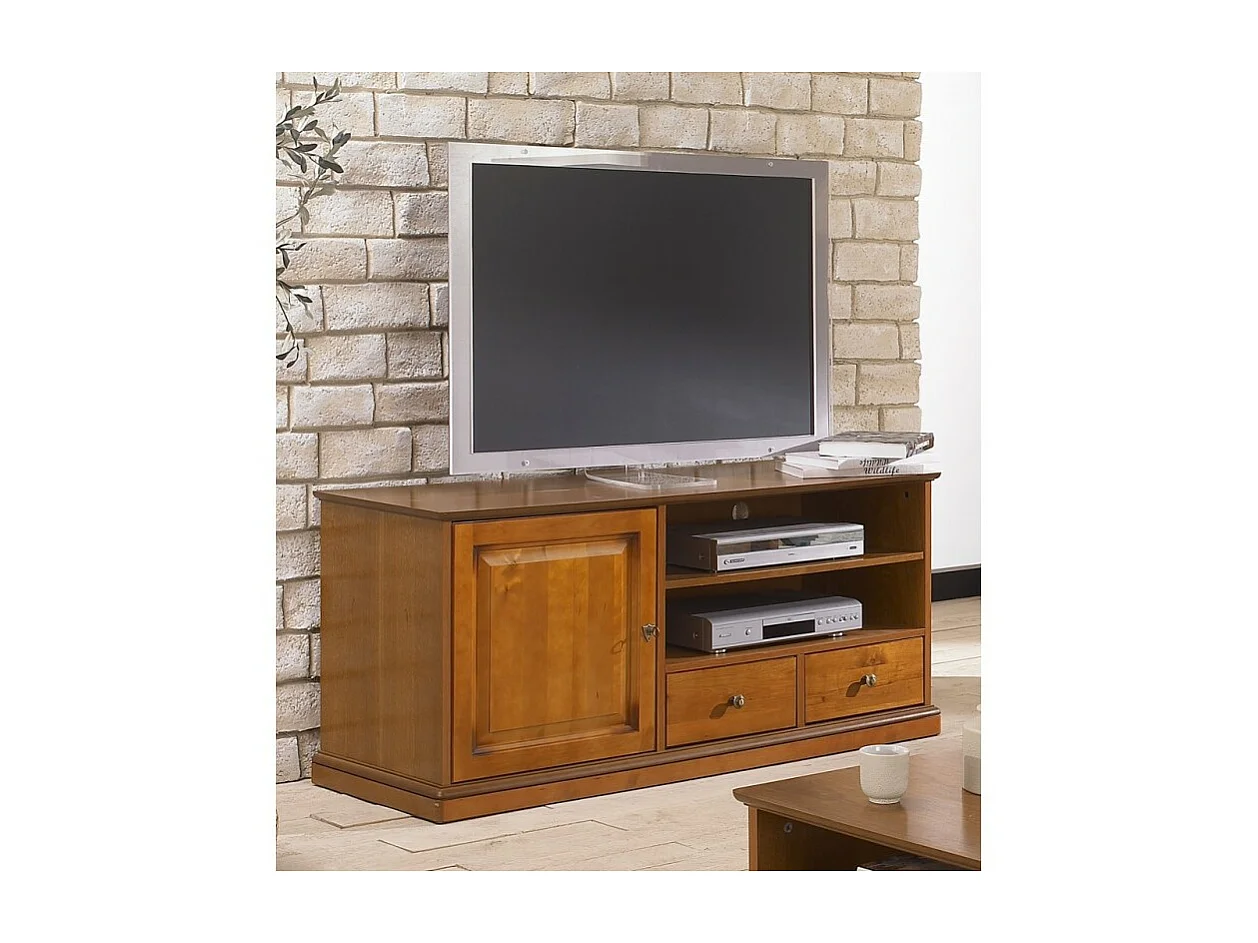 Meuble TV BAR Merisier 60 Pouces 4 Niches Roulettes L 134.9 H 58.7 P 46.5 cm