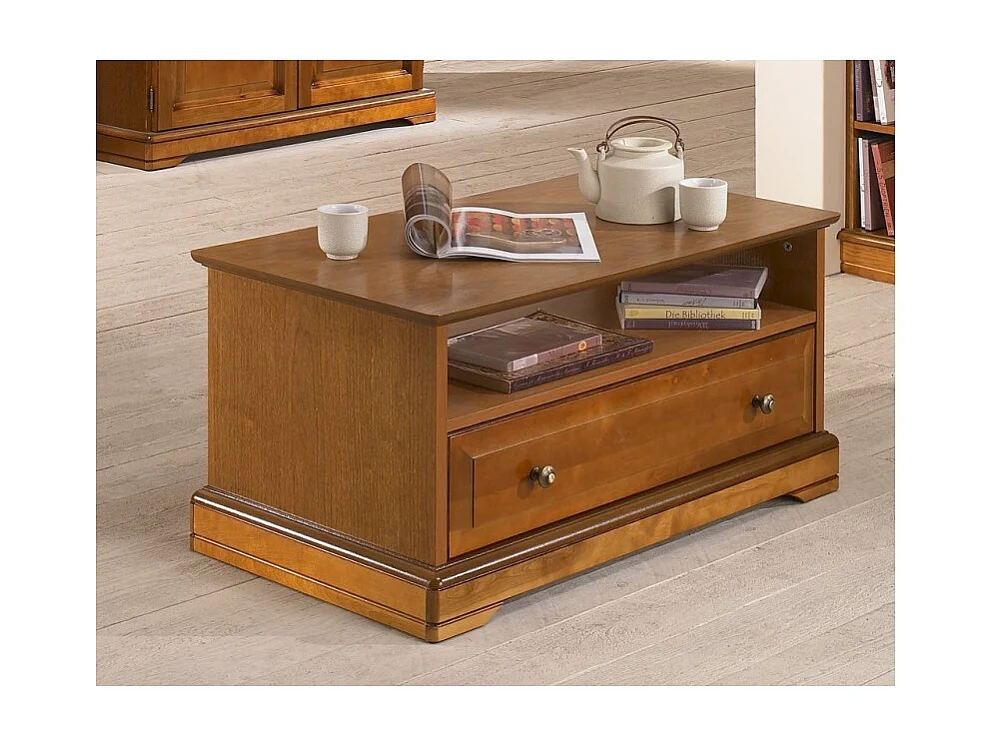Table Basse Merisier 1 Tiroir 2 Faces Traversant 1 Niche L 82.4 H 41.6 P 46.5 cm
