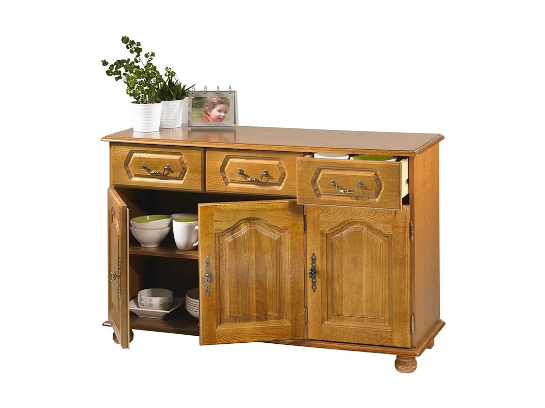 Buffet Bas Chêne Rustique 3 Portes 3 Niches 4 Niches L 120.6 H 77 P 41 cm