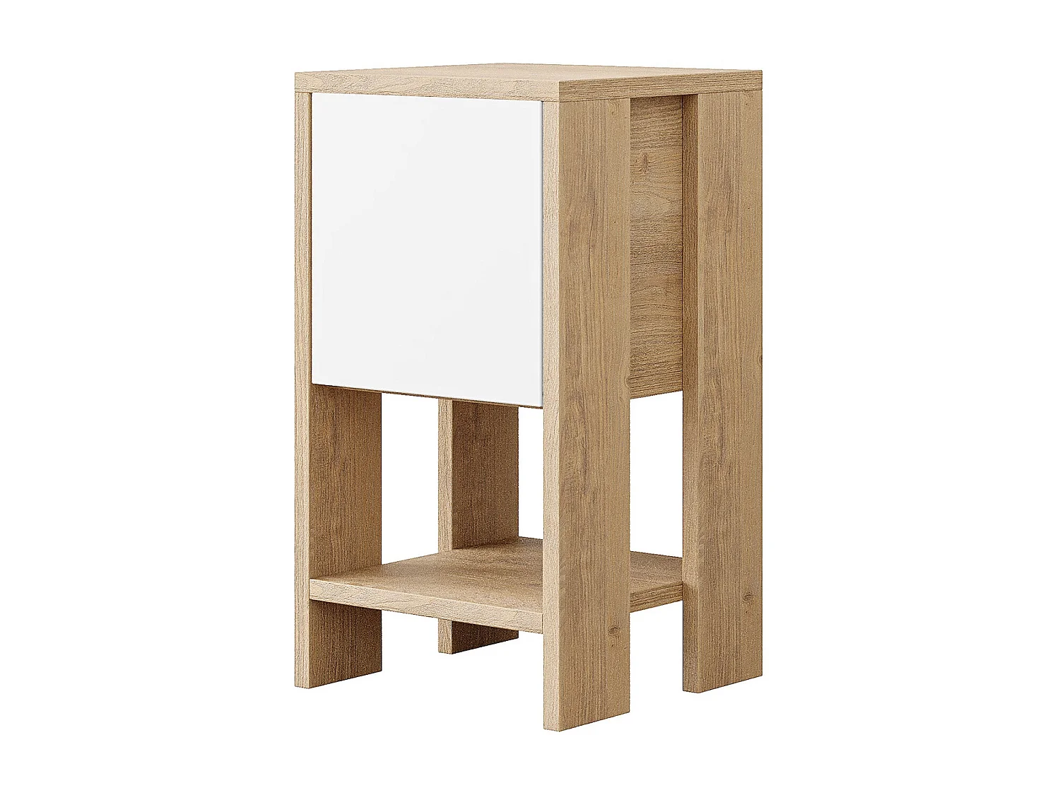 Table de chevet, table de nuit avec 1 porte abattante coloris chêne cambrian, blanc