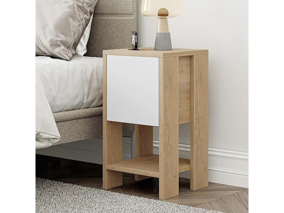 Table de chevet, table de nuit avec 1 porte abattante coloris chêne cambrian, blanc