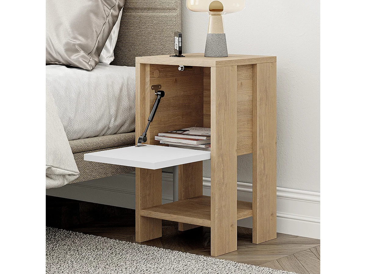 Table de chevet, table de nuit avec 1 porte abattante coloris chêne cambrian, blanc