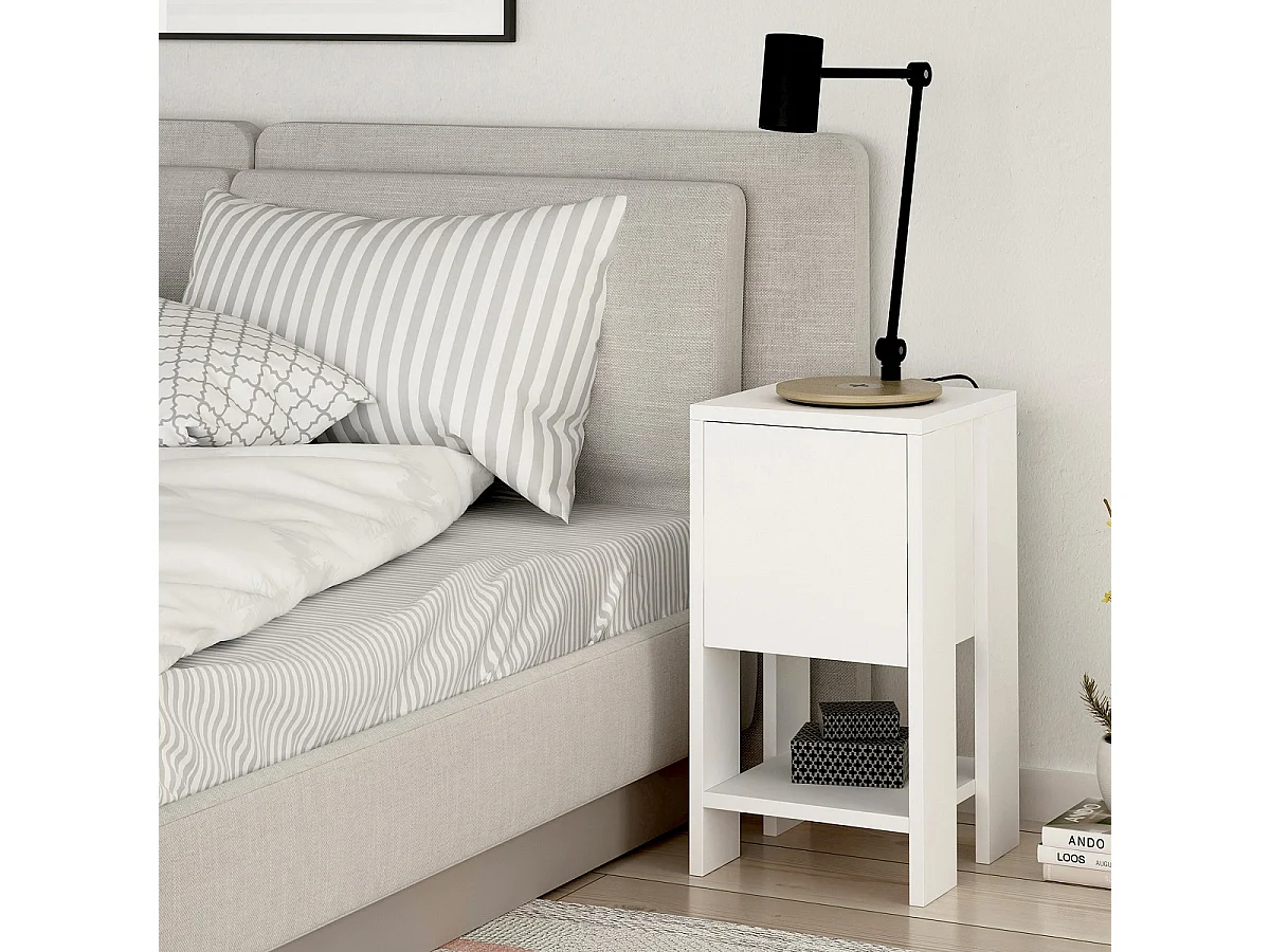 Table de chevet, table de nuit avec 1 porte abattante coloris Blanc