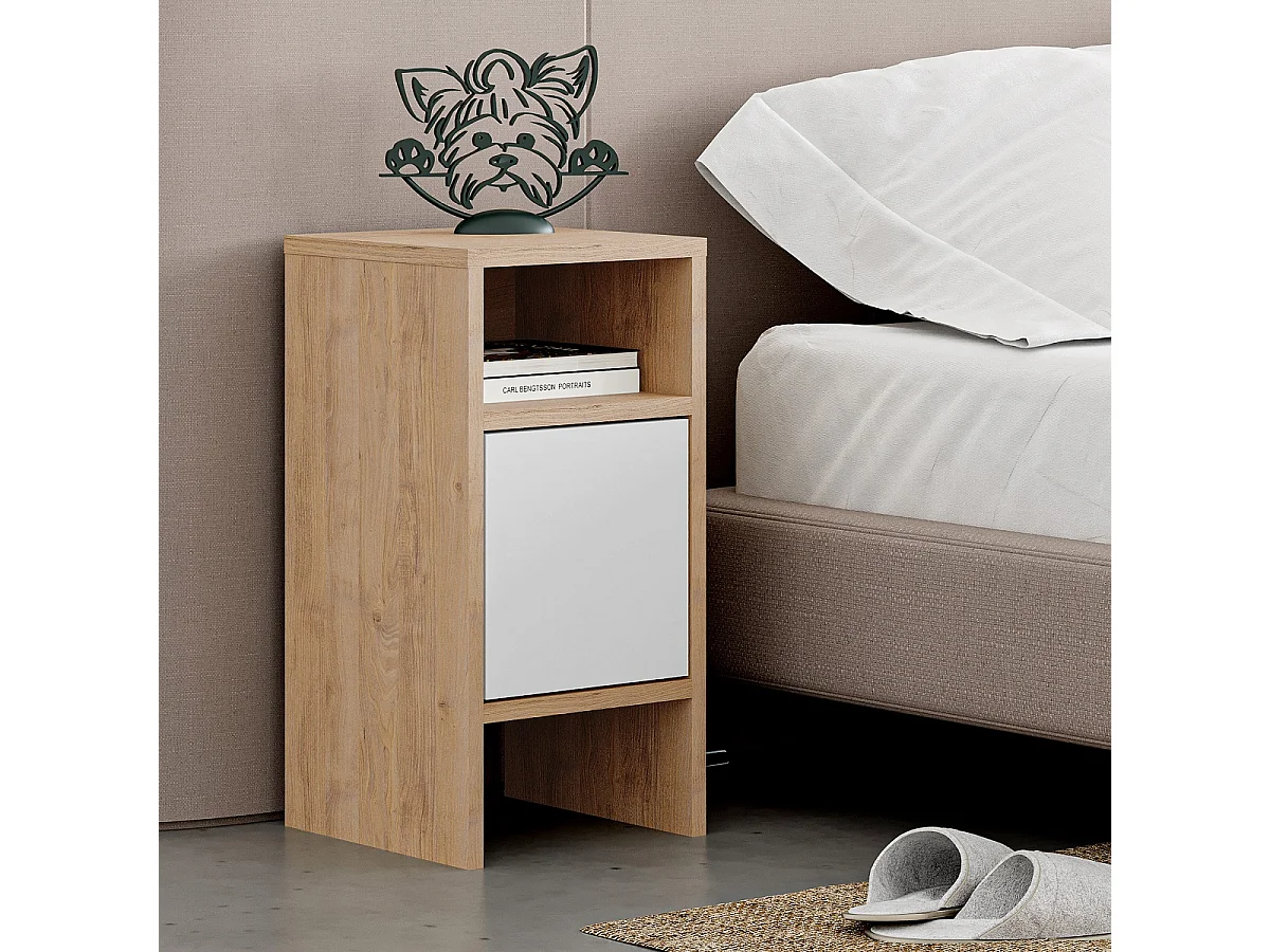 Table de chevet, table de nuit avec 1 porte coloris chêne cambrian, blanc