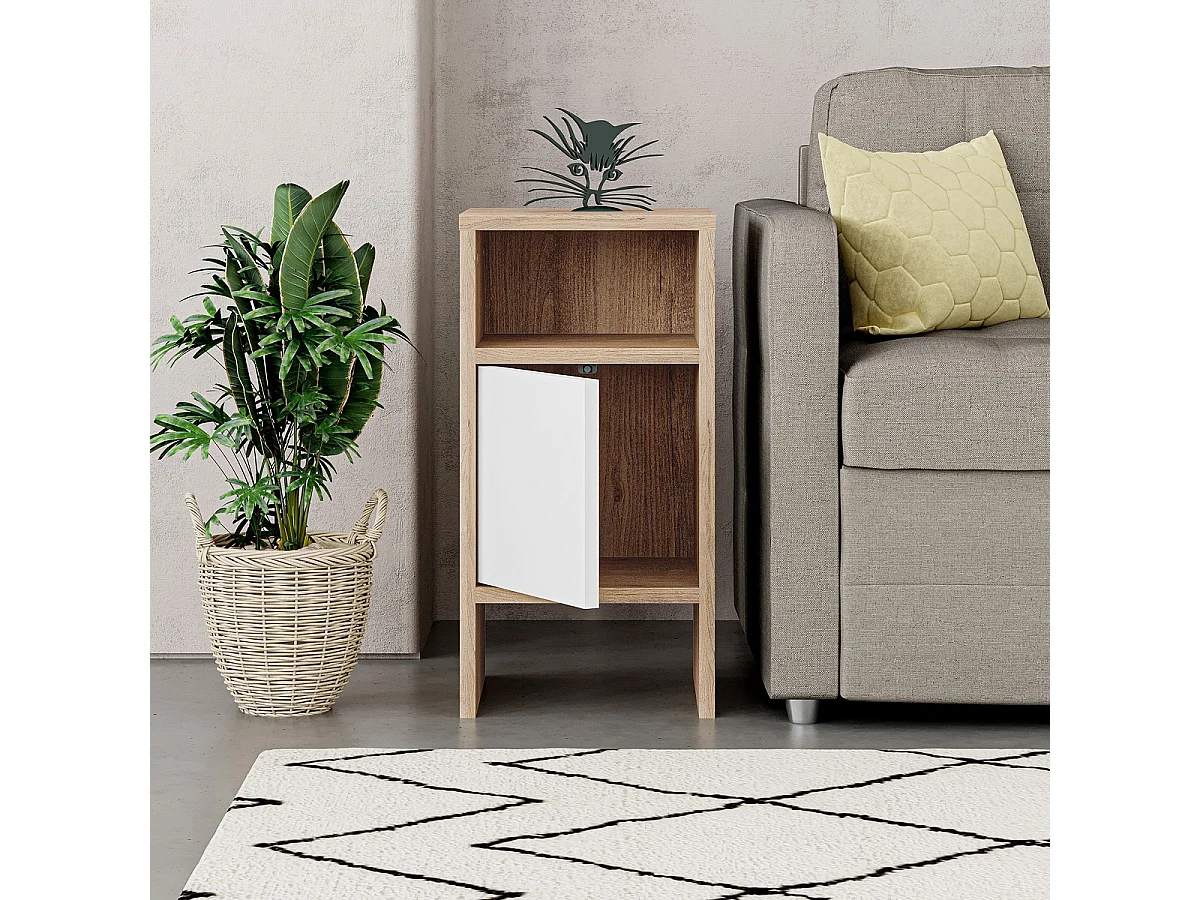 Table de chevet, table de nuit avec 1 porte coloris chêne cambrian, blanc