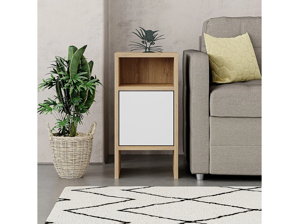 Table de chevet, table de nuit avec 1 porte coloris chêne cambrian, blanc