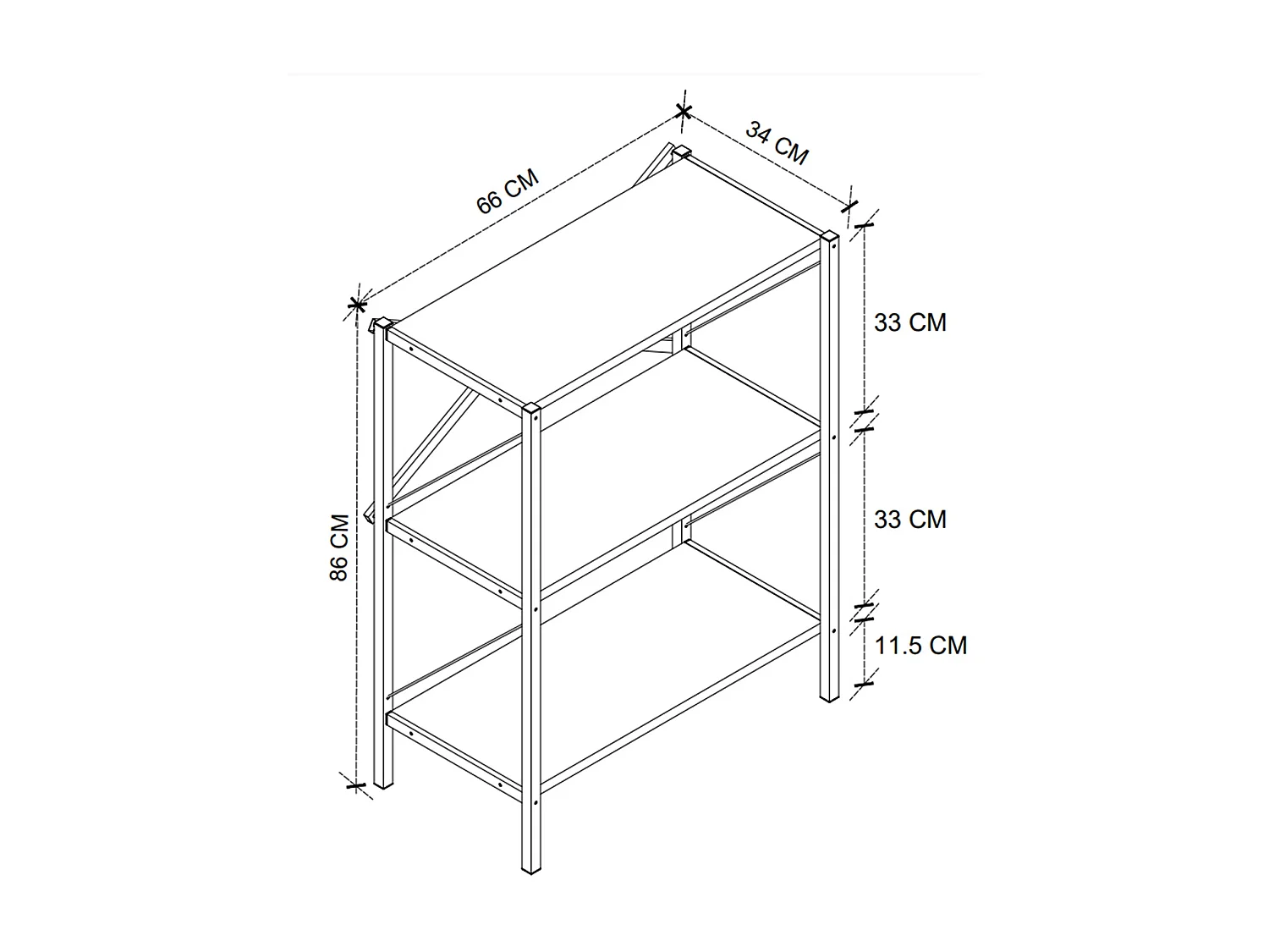 Etagère, bibliothèque avec 3 étagères coloris chêne cambrian, noir - L. 66 x P. 34 x H. 85 cm