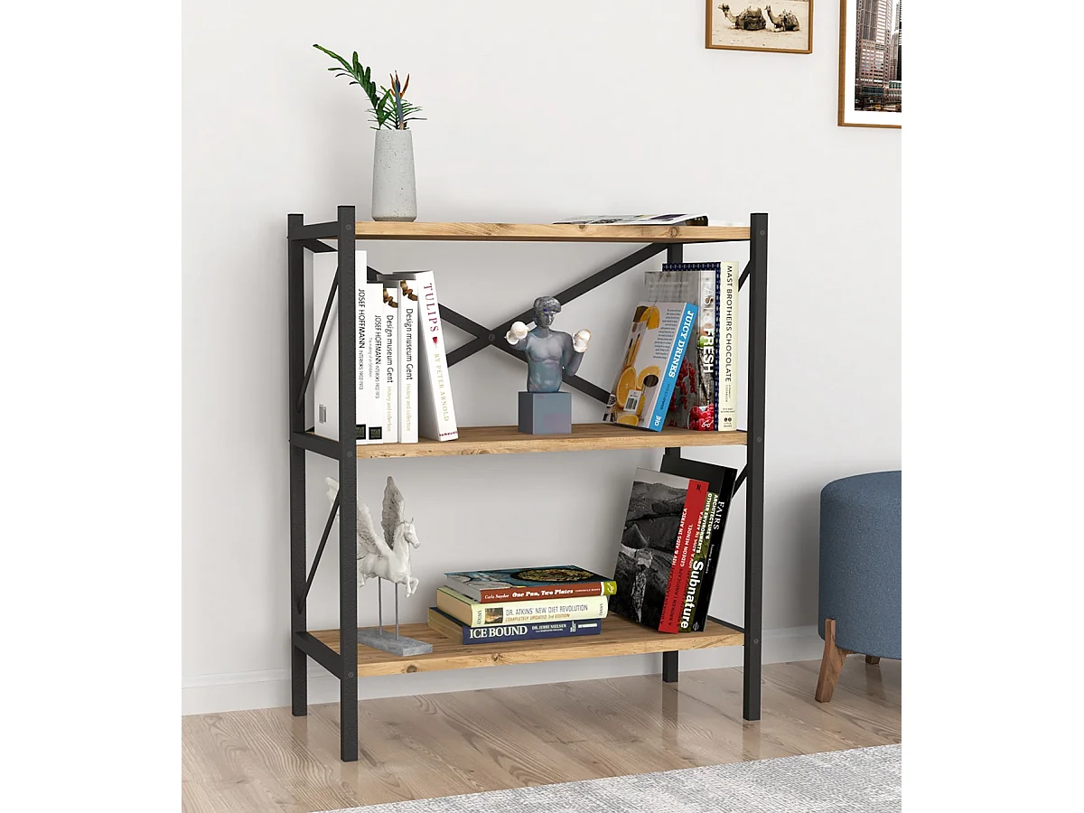 Etagère, bibliothèque avec 3 étagères coloris chêne cambrian, noir - L. 66 x P. 34 x H. 85 cm