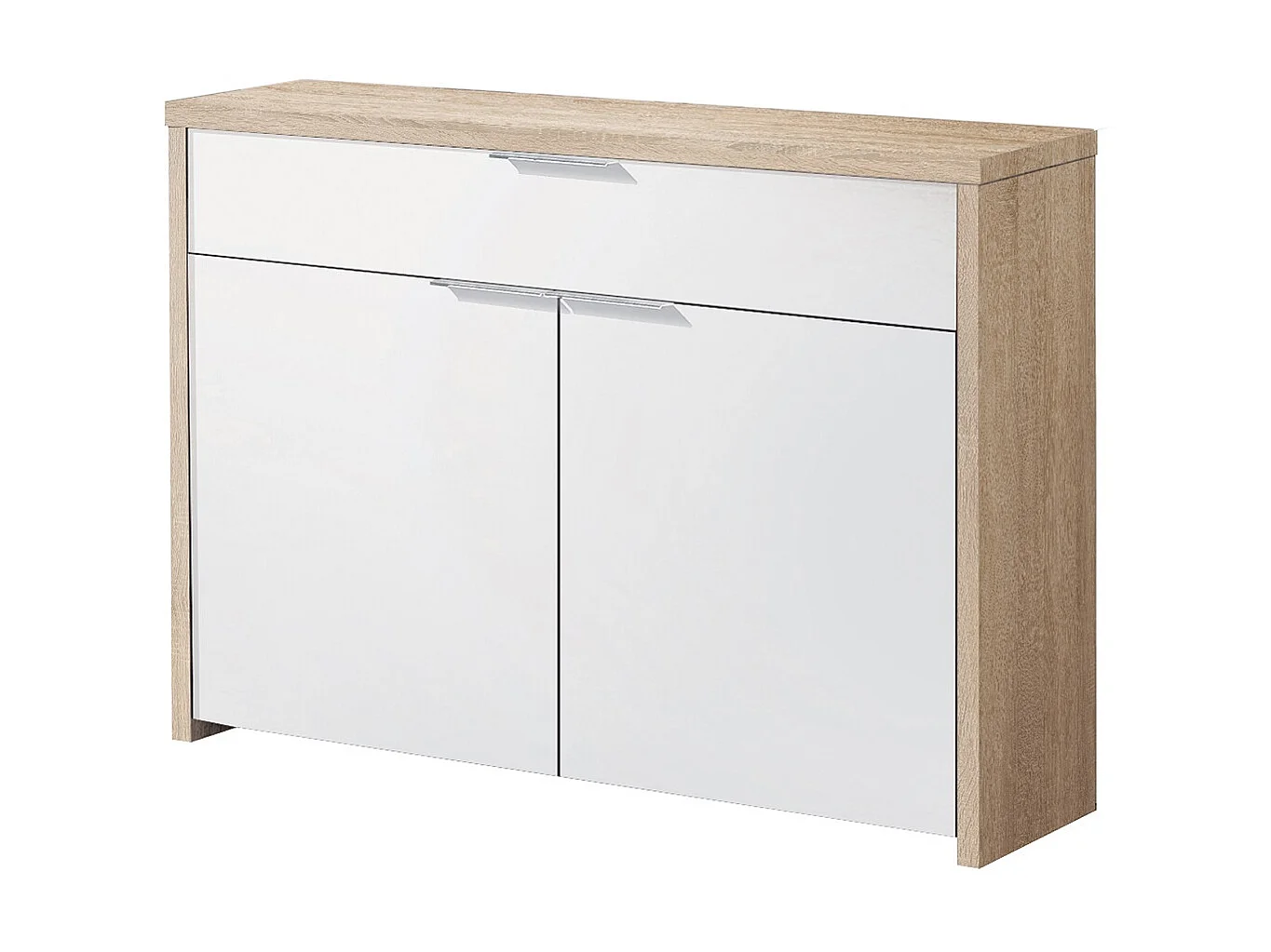 Table console, meuble console avec 2 portes et 1 tiroir coloris chêne cambrian, blanc