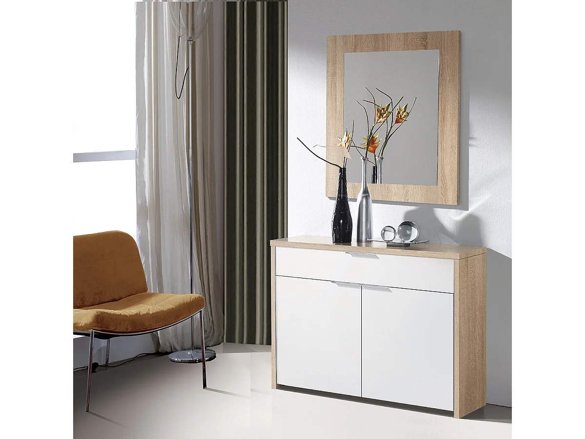 Table console, meuble console avec 2 portes et 1 tiroir coloris chêne cambrian, blanc