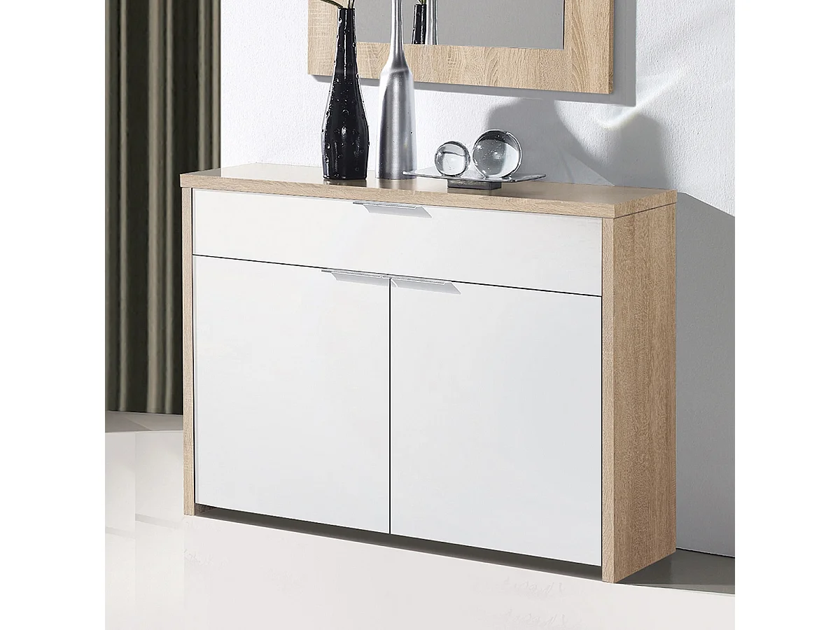 Table console, meuble console avec 2 portes et 1 tiroir coloris chêne cambrian, blanc