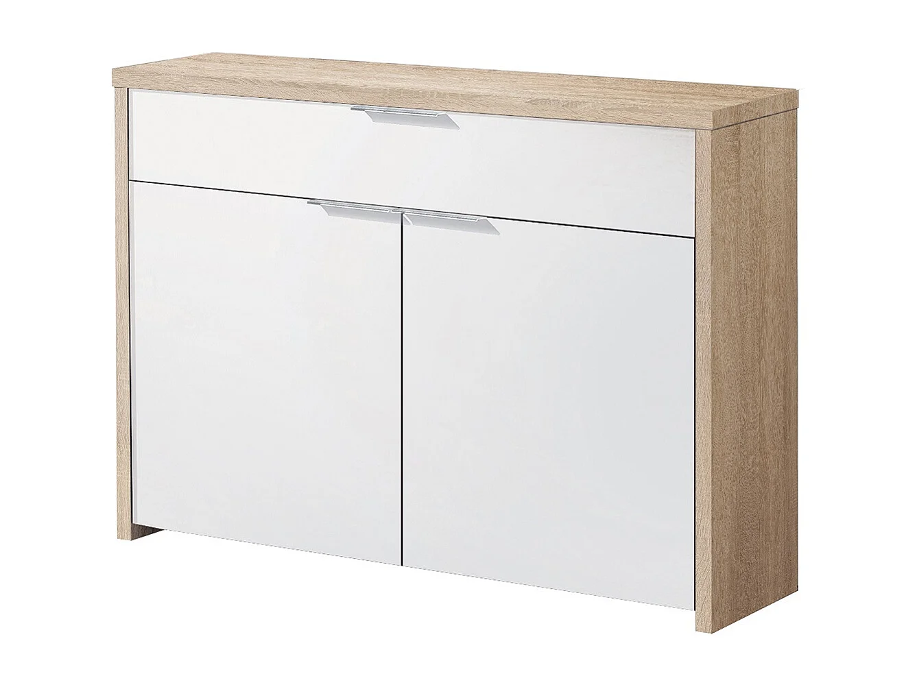 Table console, meuble console avec 2 portes et 1 tiroir coloris chêne cambrian, blanc