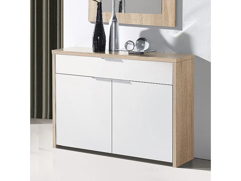 Table console, meuble console avec 2 portes et 1 tiroir coloris chêne cambrian, blanc