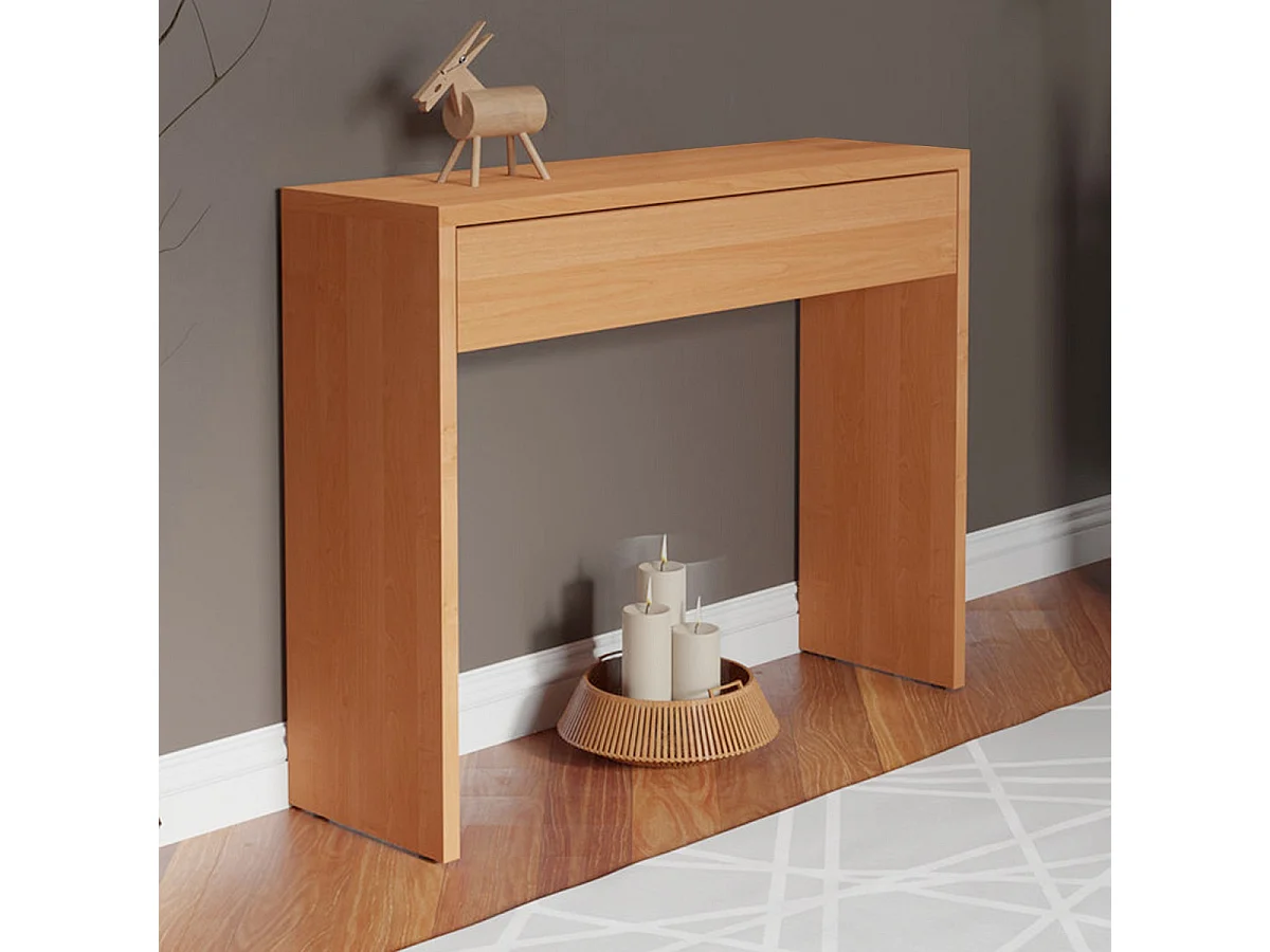 Table console, meuble console avec 1 tiroir coloris cerisier - L. 100 x P. 30 x H. 76 cm