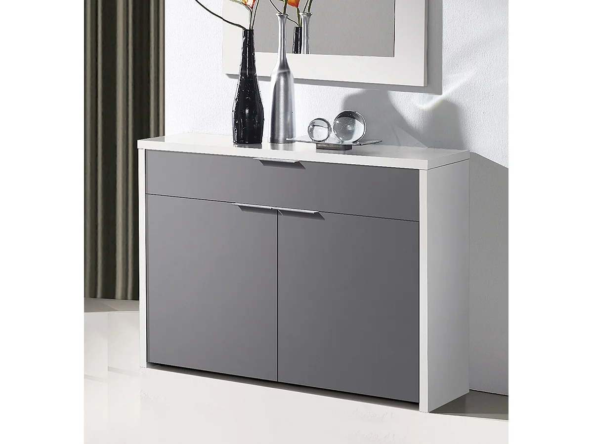 Table console, meuble console avec 2 portes et 1 tiroir coloris blanc, gris
