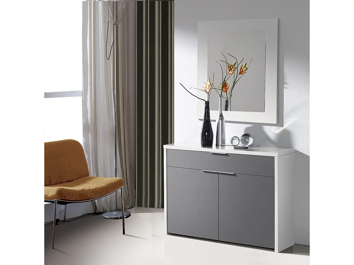 Table console, meuble console avec 2 portes et 1 tiroir coloris blanc, gris