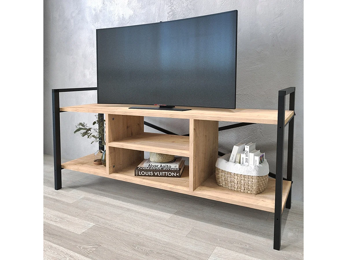 Meuble TV en bois et métal coloris chêne cambrian, noir - L. 120 x P. 35 x H. 61 cm
