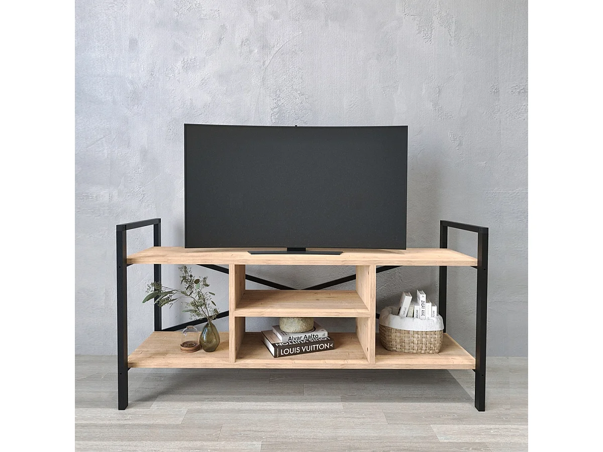 Meuble TV en bois et métal coloris chêne cambrian, noir - L. 120 x P. 35 x H. 61 cm