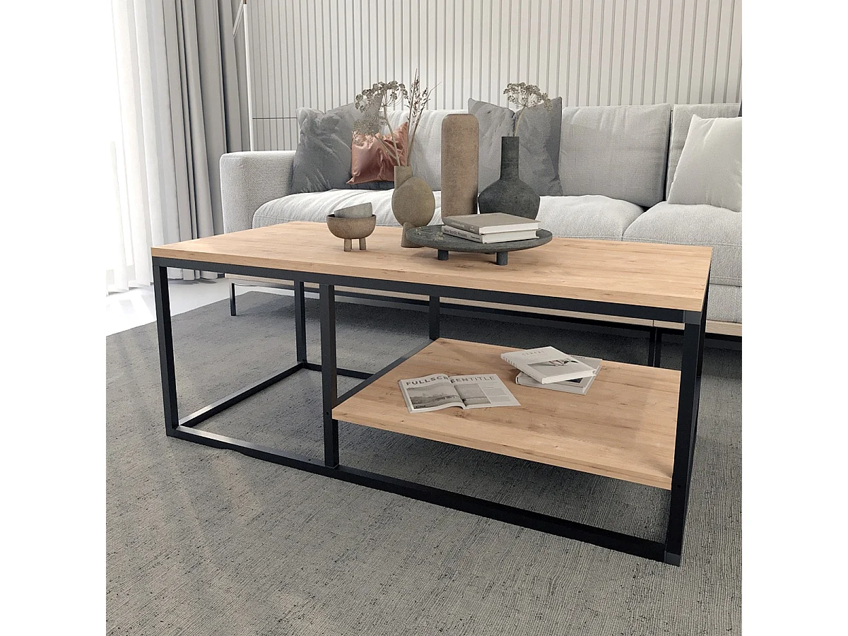 Table basse, table de salon en bois, métal coloris chêne cambrian, noir