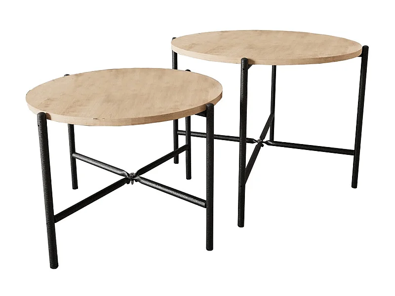 Lot de 2 tables d'appoints rondes en bois et métal coloris chêne cambrian, noir