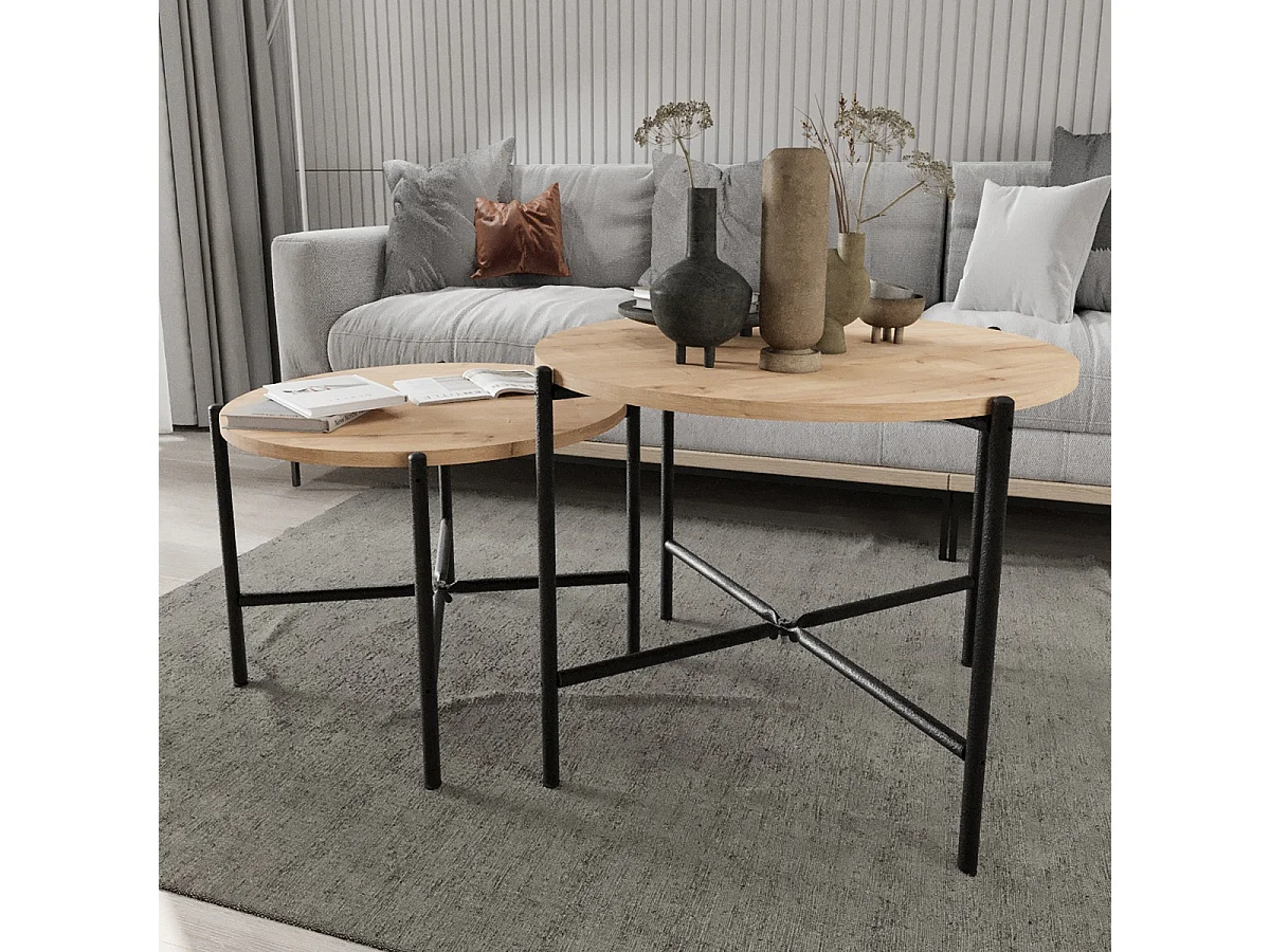 Lot de 2 tables d'appoints rondes en bois et métal coloris chêne cambrian, noir