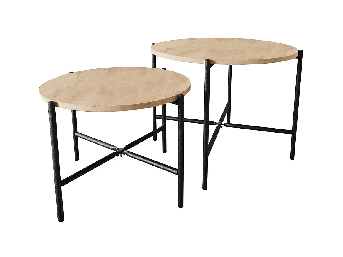 Lot de 2 tables d'appoints rondes en bois et métal coloris chêne cambrian, noir