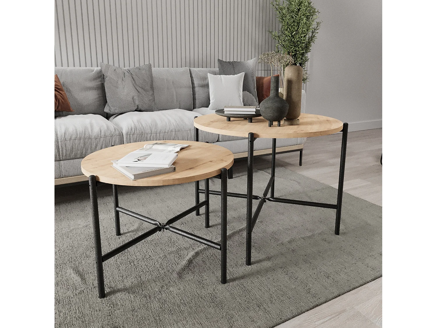 Lot de 2 tables d'appoints rondes en bois et métal coloris chêne cambrian, noir