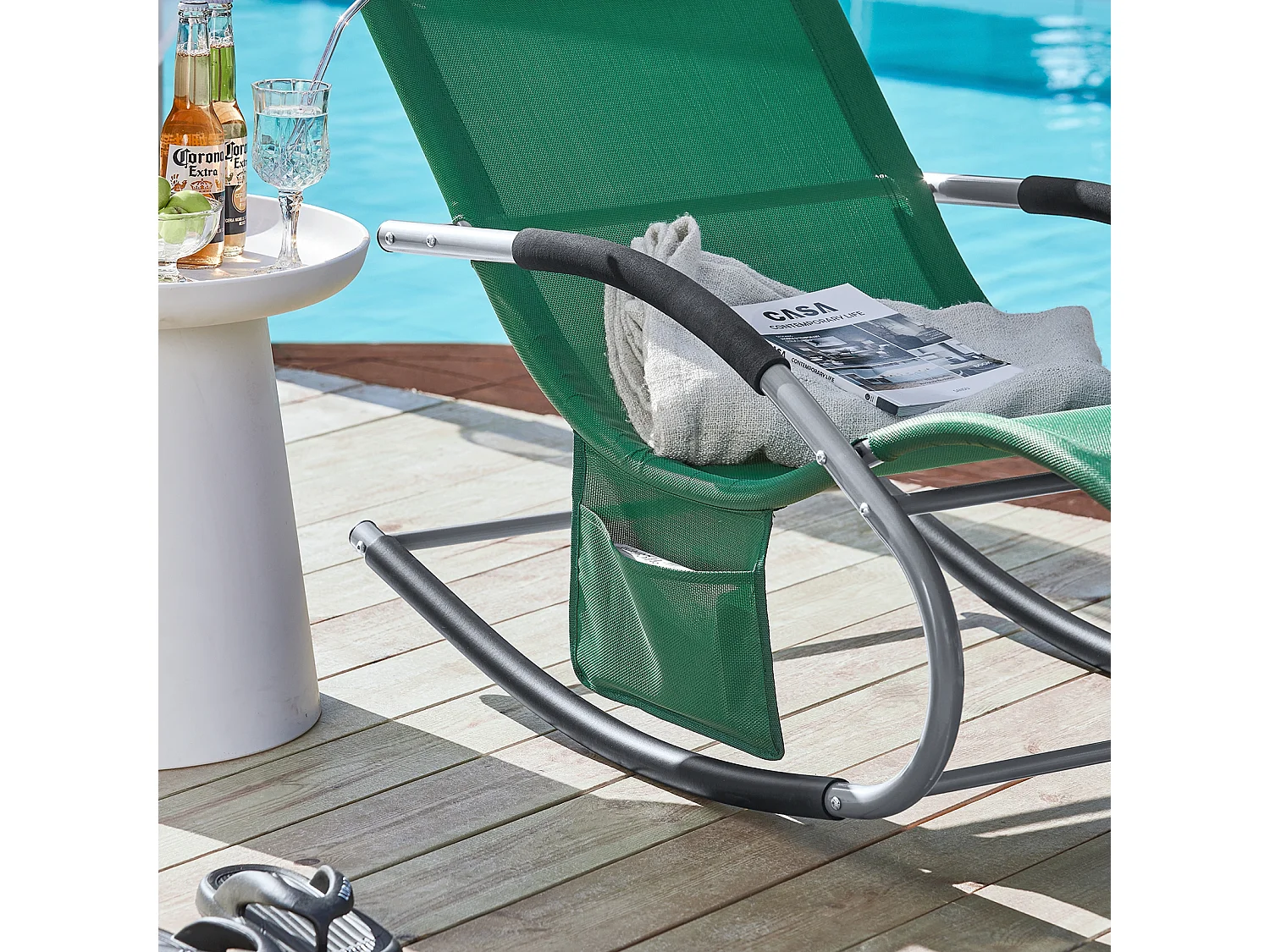 SoBuy Ligstoel Schommelstoel met Hoofdsteun en Zijvak en Voetsteun Comfortabele Tuin Ligstoel Schommelstoel, OGS28-WD