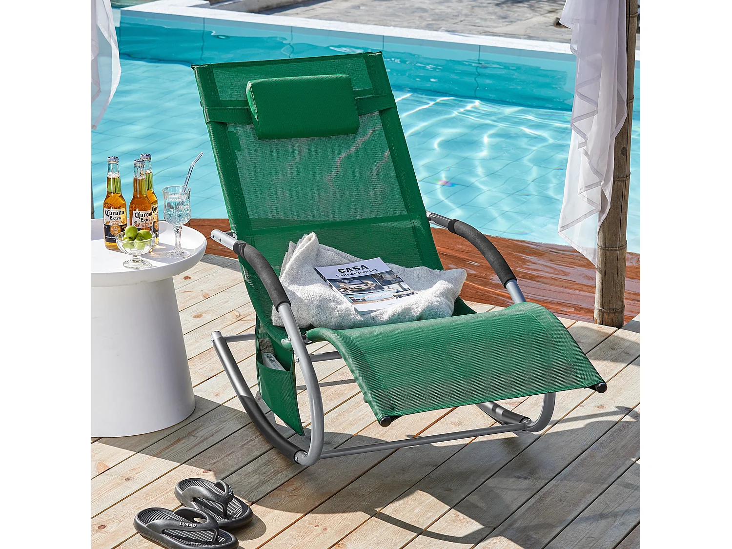 SoBuy Bain de Soleil Chaise Longue Fauteuil à Bascule avec Appui-tête et Pochette latérale et Repose-Pieds Transat de Jardin Rocking Chair Confortable, OGS28-WD