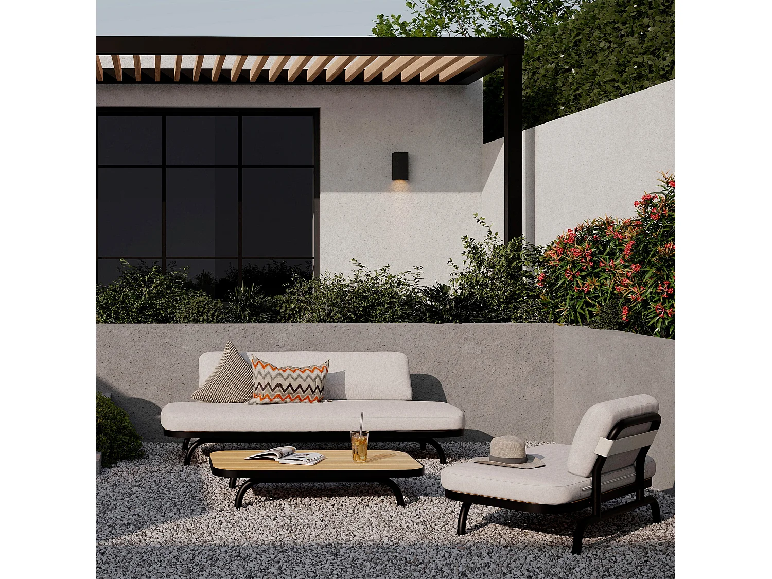 Fauteuil de jardin 2 places blanc cassé et pieds en métal noir - Samba