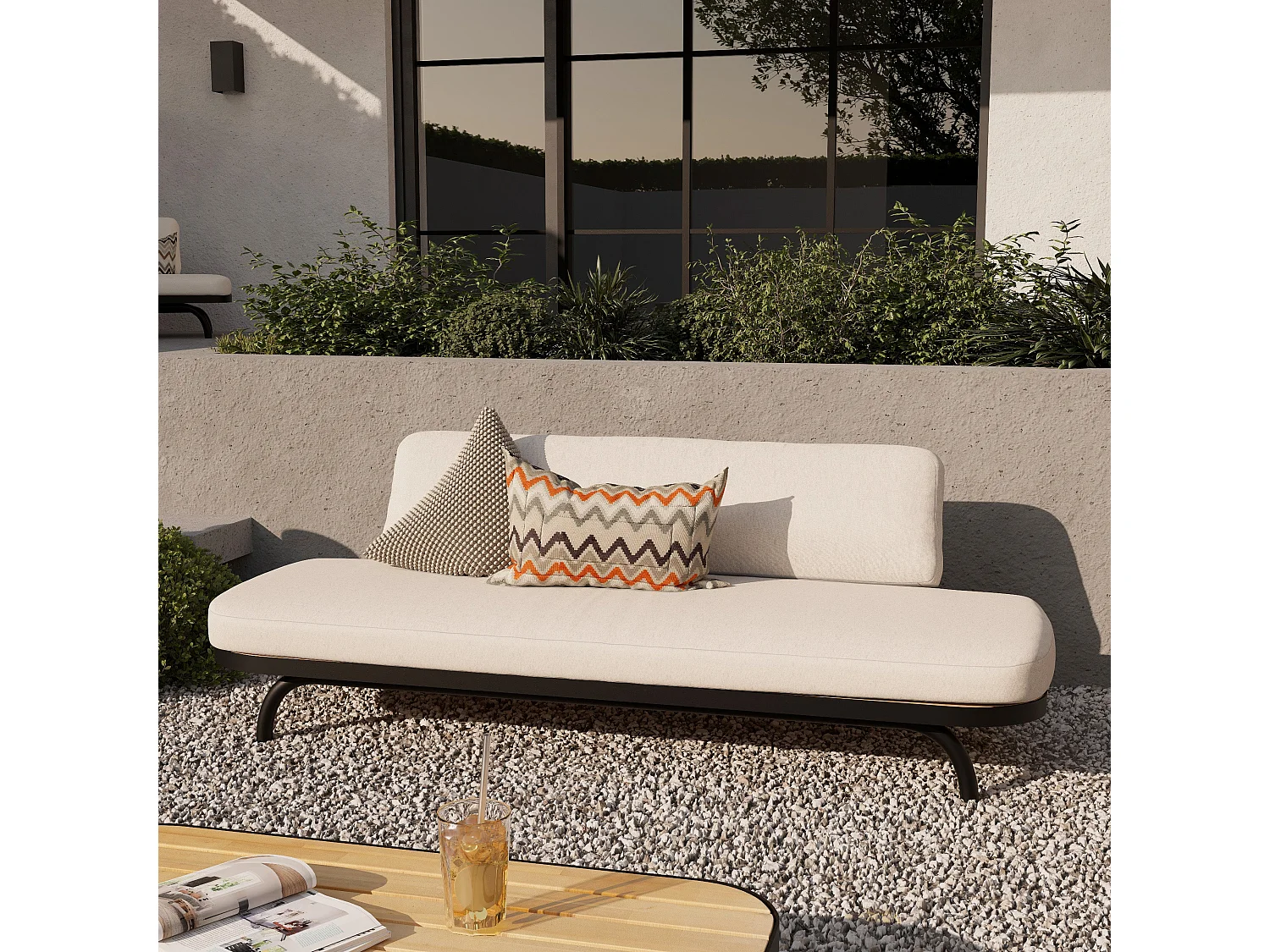 Canapé de jardin 3 places blanc cassé et pieds en métal noir - Samba