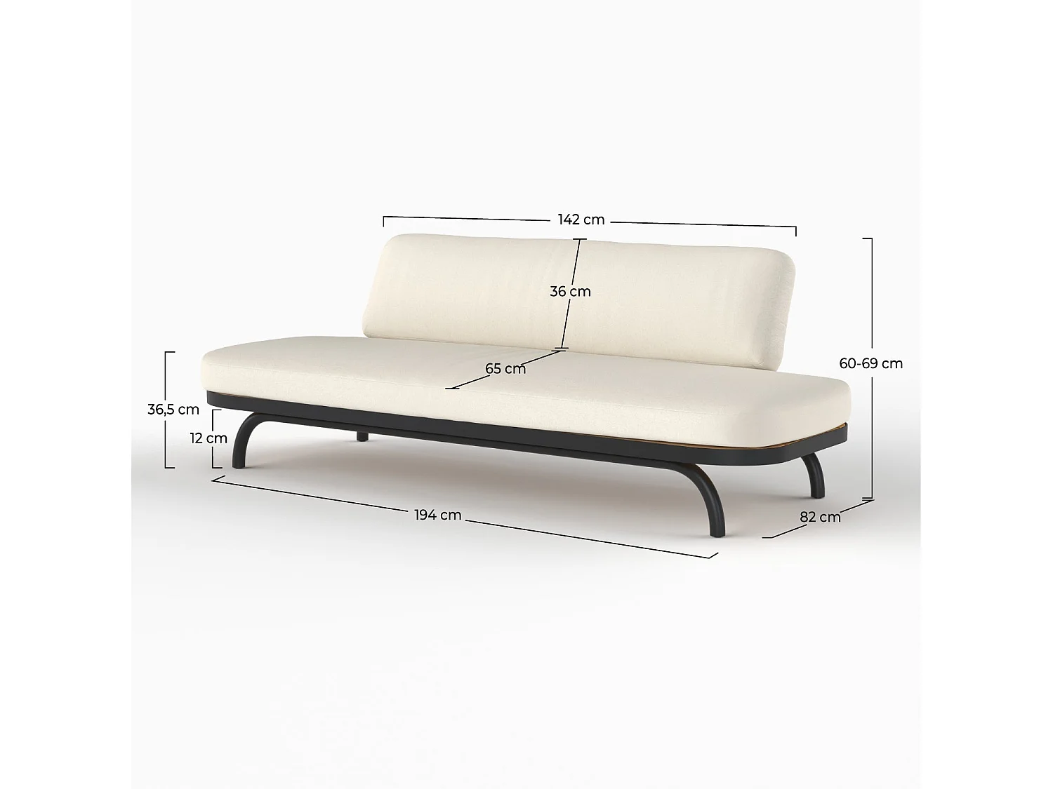 Canapé de jardin 3 places blanc cassé et pieds en métal noir - Samba