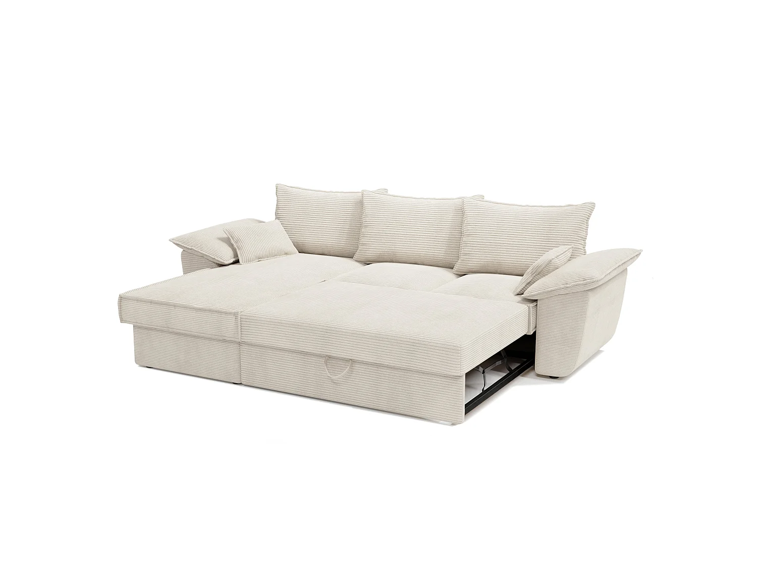 Canapé d'angle gauche coffre convertible velours côtelé crème 257cm SASHA