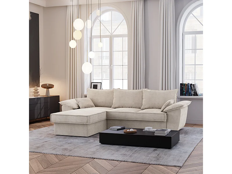 Canapé d'angle gauche coffre convertible velours côtelé crème 257cm SASHA