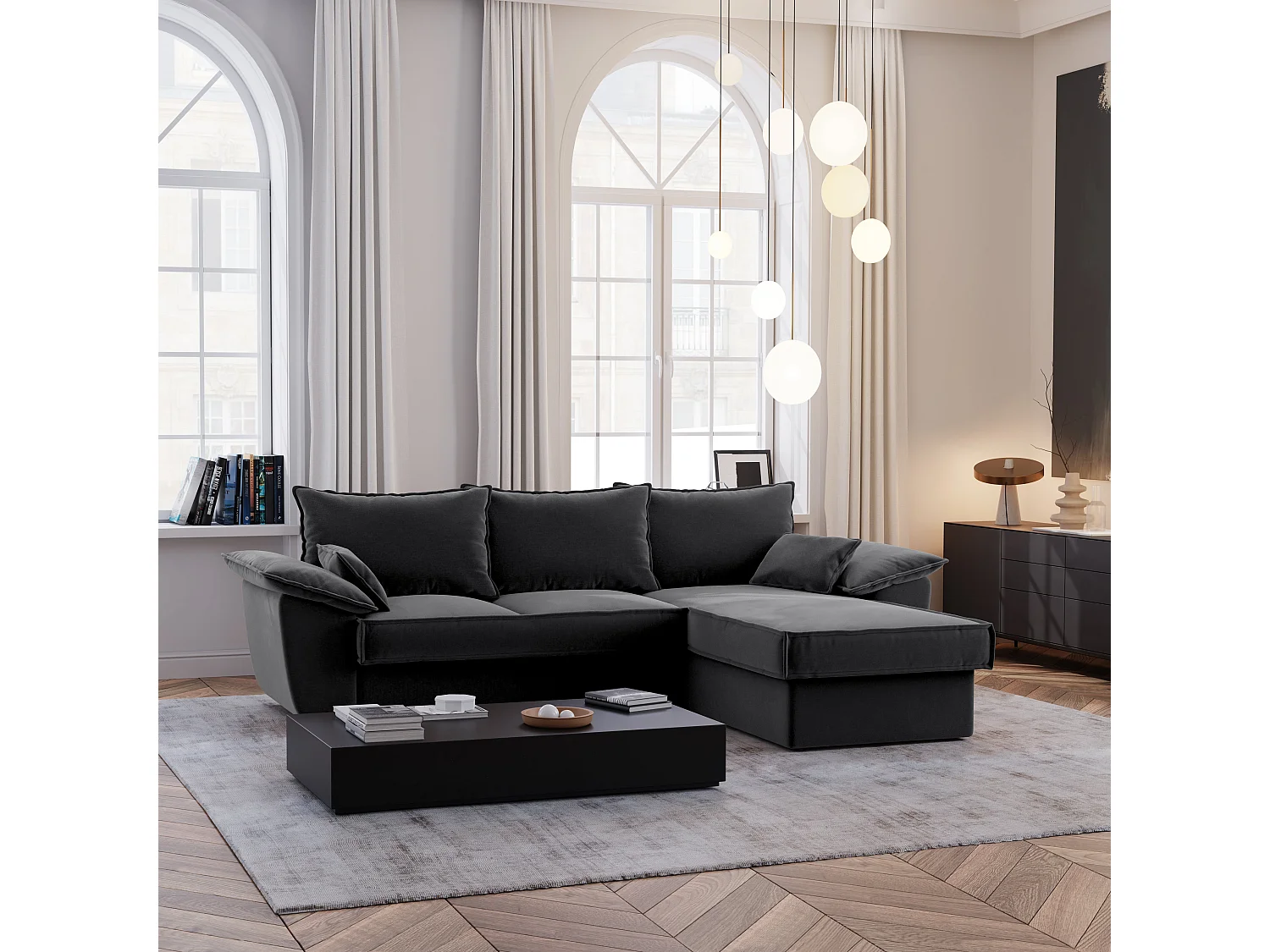 Canapé d'angle droit coffre convertible velours gris graphite 257cm SASHA