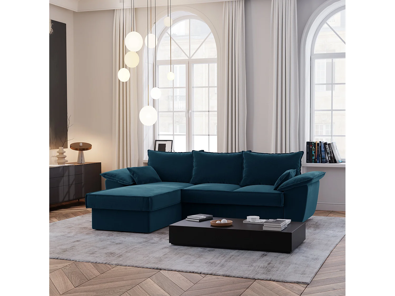 Canapé d'angle gauche coffre convertible velours bleu paon 257cm  SASHA